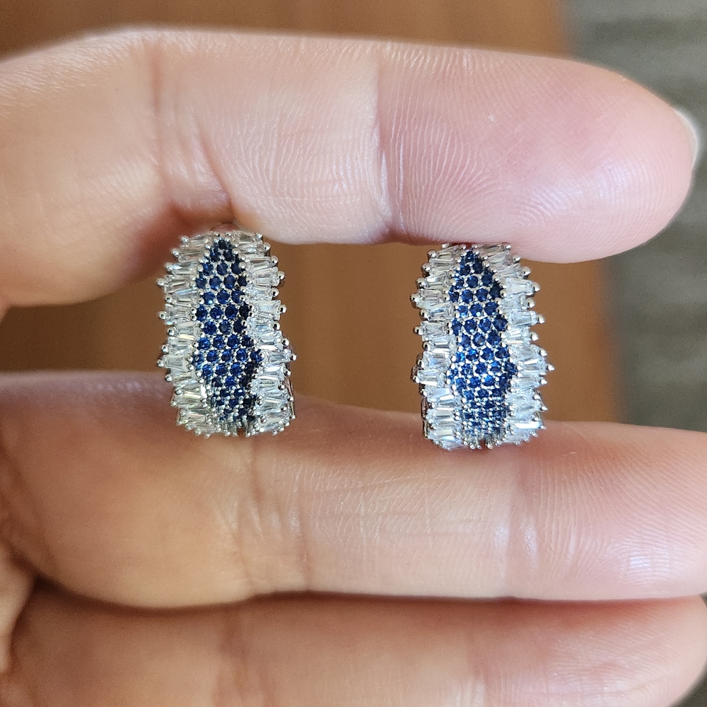 New 925 Silver Blue Sapphire Baguette Diamond Hoop Earrings for Women